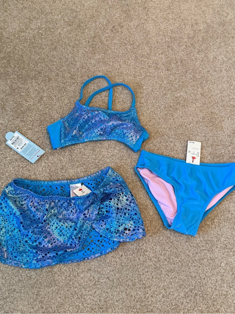 NWT Toddler Girl’s Cat & Jack Blue Polka Dots Bikini Set 3pc with swim skirt